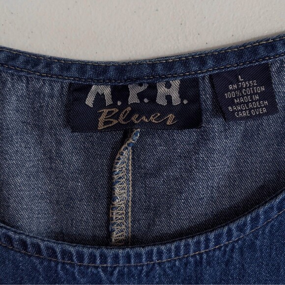 Denim Floral Jumper L Dress 90s Jean Shirt Set Vintage MPH Embroidered Rose Maxi - Picture 15 of 16